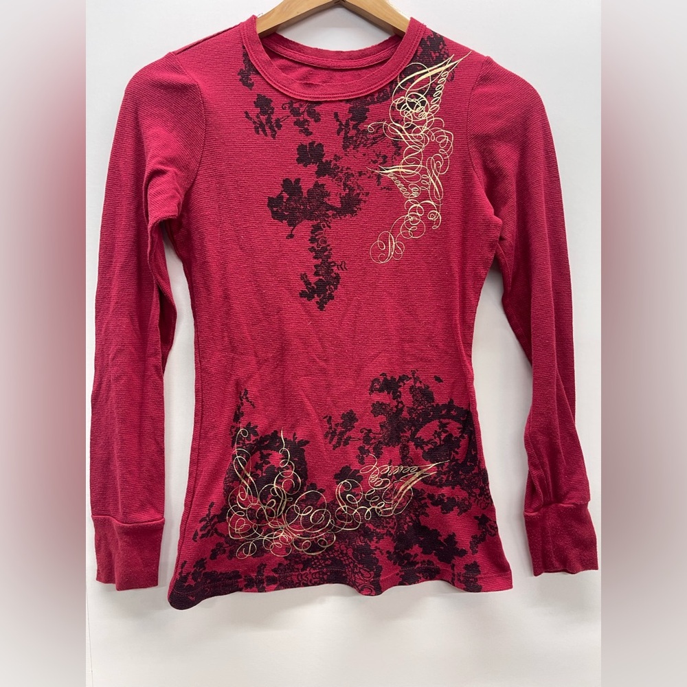 Calvin Klein Jeans Long Sleeve Red Thermal Top Black and Gold Graphic VTG Y2K